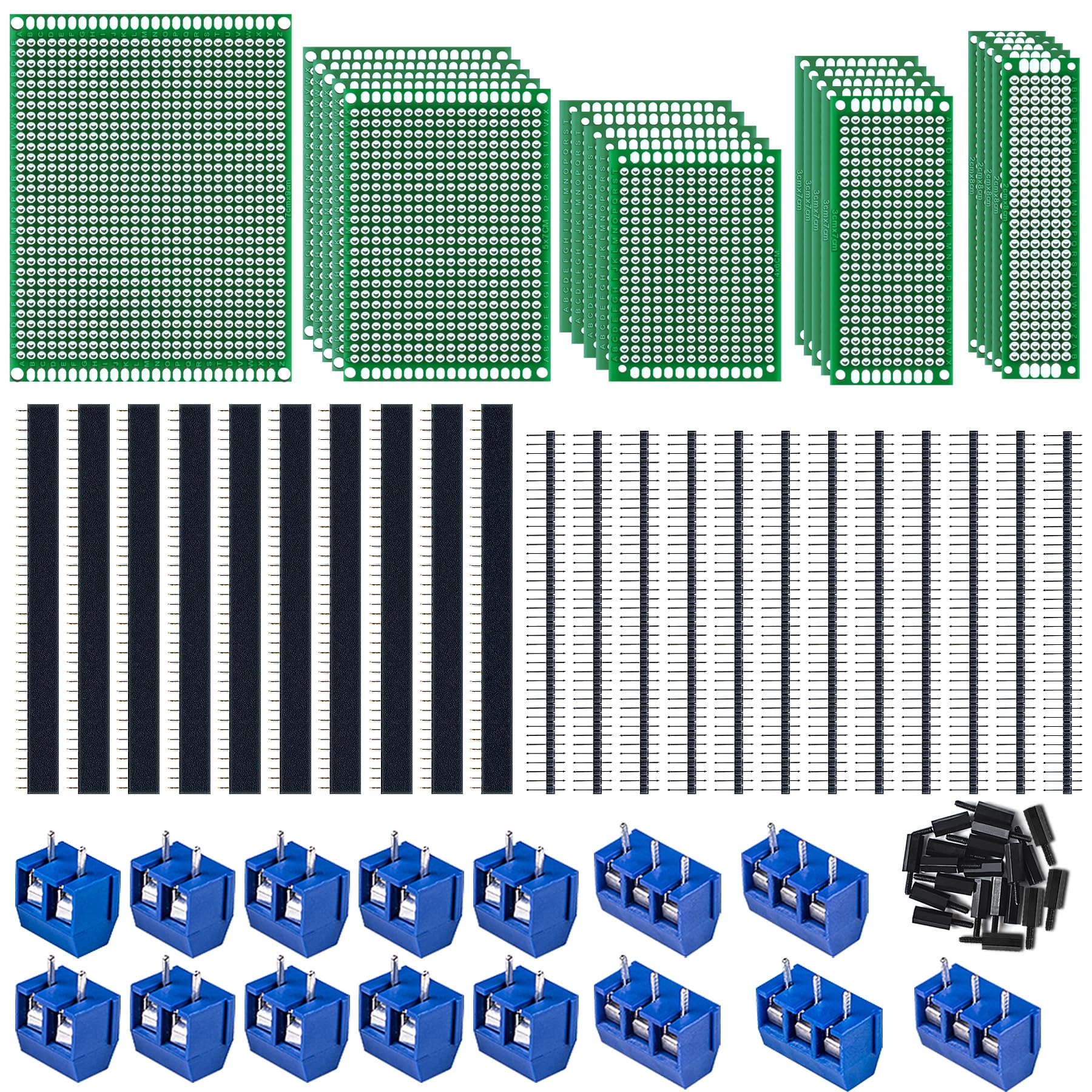78 Piece Perforated Grid Plate Kit, 21 Double-Sided PCB Board, Circuit Board, Perforated Board, 22 Pieces Male Female 40 Tiller Header, 15 Pieces 2P & 3P Screw Terminal with 20 Tablets Nylon Column
