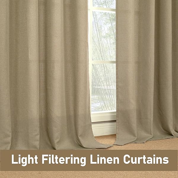 LAMIT LINEN TEXTURED CURTAINS FOR LIVING ROOM, 95 INCHES LONG GROMMET THERMAL INSULATED THICK BURLAP CURTAINS LIGHT FILTERING PANELS FOR BEDROOM/FARMHOUSE, SET OF 2 PANELS, W52 X L95, TAN BROWN