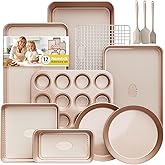 12-Piece Nonstick Bakeware Set with Baking Pan, Cake Pan, Muffin Pan, Loaf Pan, Square Pan, Roasting Pan, Cookie Pan, Cooling Rack & Utensils - Ceramic Coated Gold