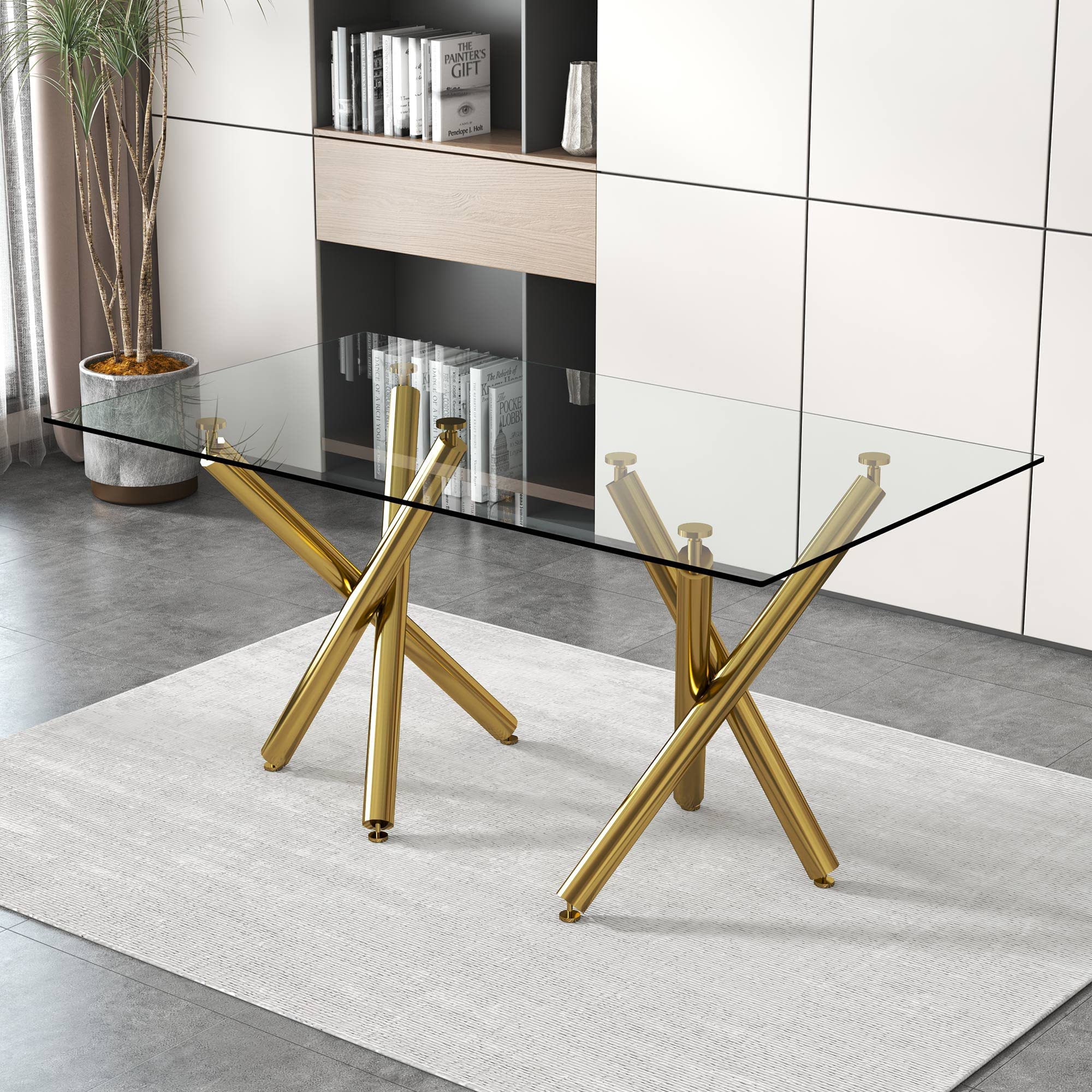 Photo 1 of **DESCRIPTION AND PHOTO ARE FOR REFERENCE ONLY***71 in Glass Dining Table,Gold Dining Table for 6-8?Large Size Kitchen and Dining Room Table with Tempered Glass top and Gold Metal Legs, Modern Rectangular Dining Table (Golden)
