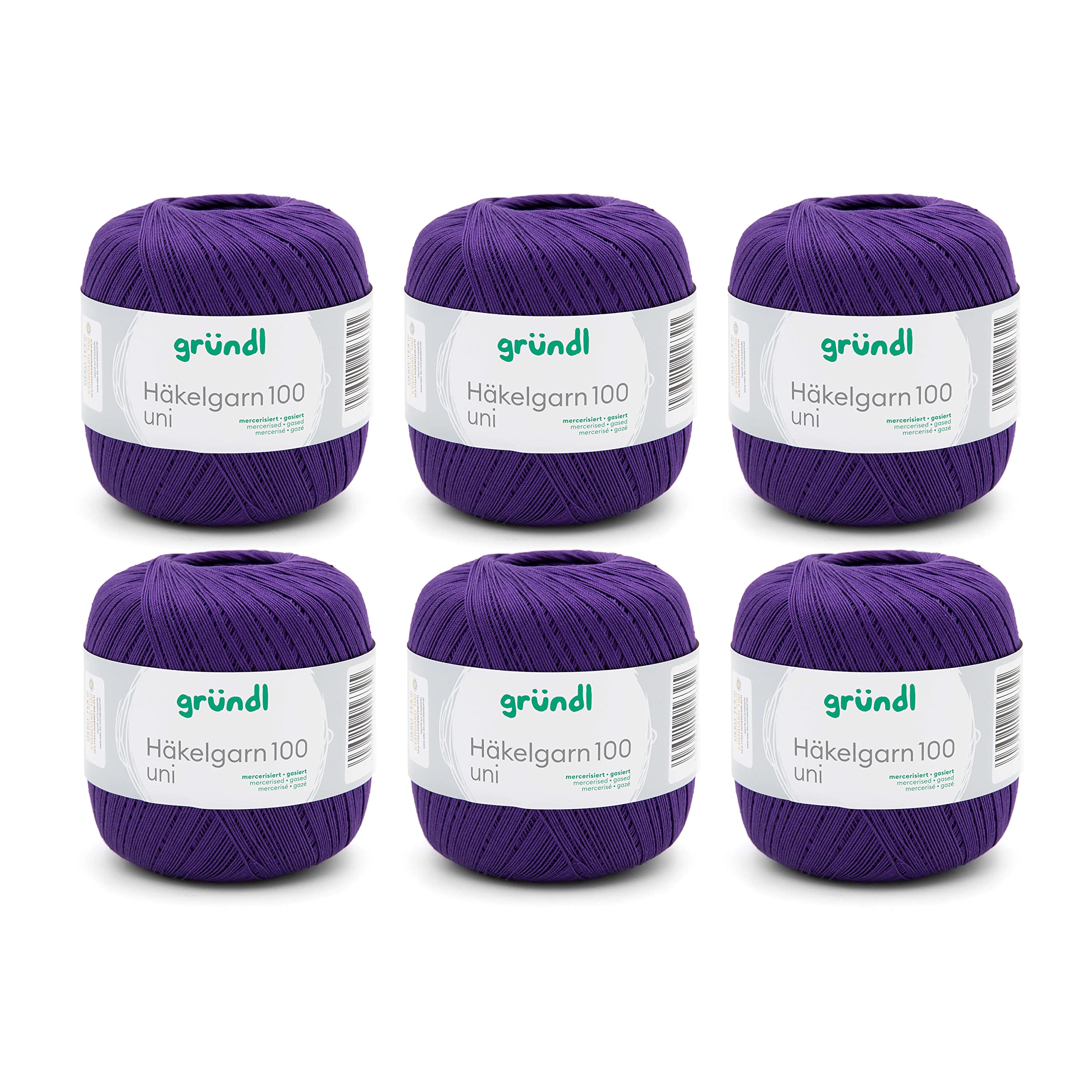 Gründl Häkelgarn 100 Uni (crochet wool, knitting yarn, mercerised cotton yarn for crochet made of 100% cotton, 100 g / 566 m, needle size: 1.5-2mm, 6 x 100 g), Purple