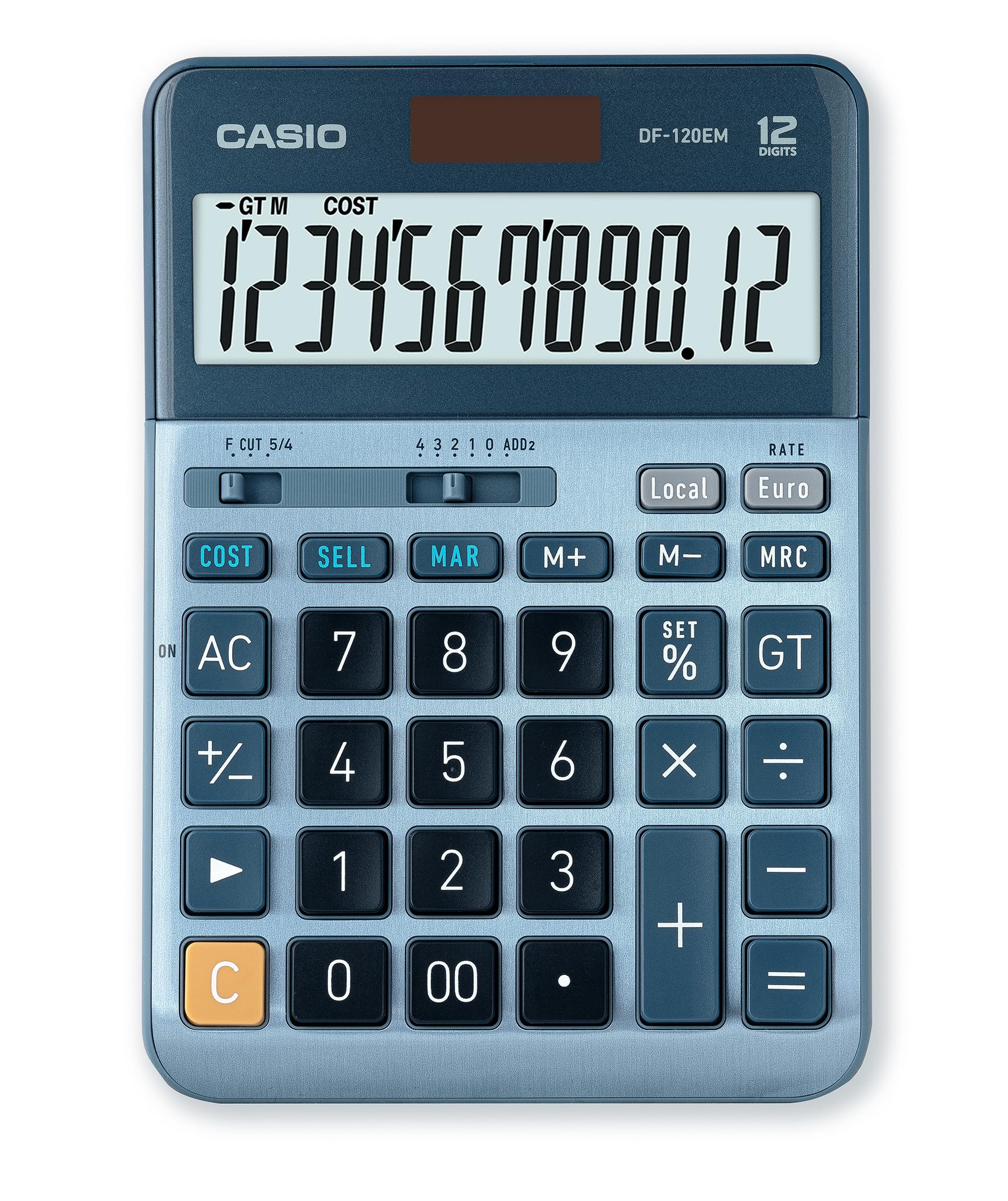 CASIO DF-120EM Desktop Calculator 12 Digit Cost Sell Margin Total Memory Solar Battery Operated, silver