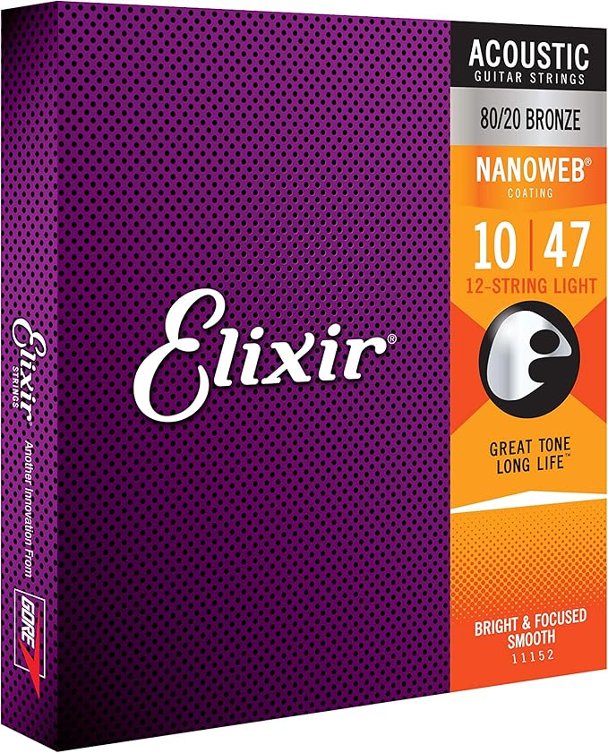 Elixir Strings Acoustic Guitar Strings, 12String, Light NANOWEB