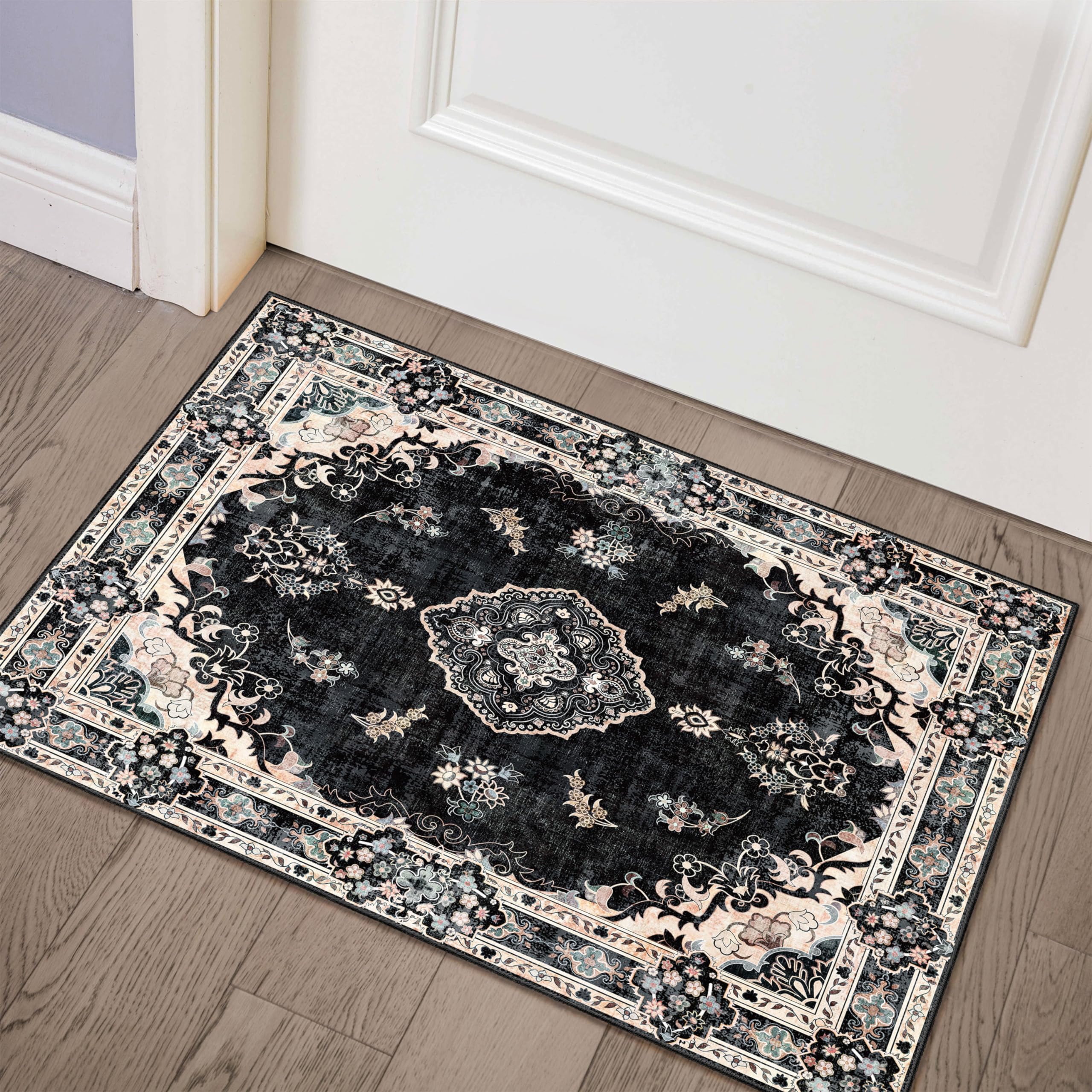 Photo 1 of MUJOO Black Rug 2'x3',Small Washable Area Rugs for Entryway Kitchen Bathroom Bedroom,Boho Vintage Bohemian Distressed Farmhouse Non Slip Carpet, Floral