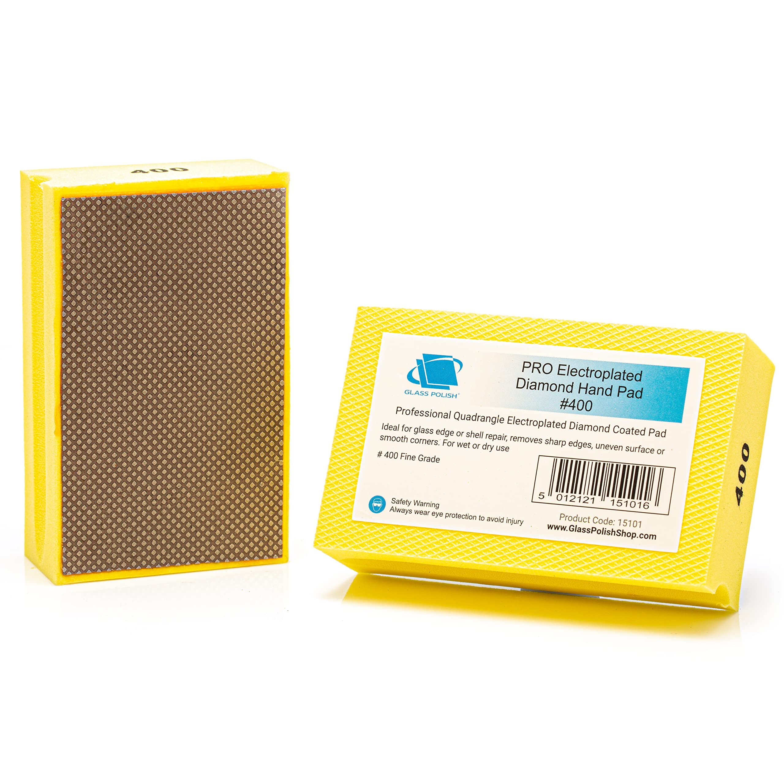 Glass Polish PRO Diamond Hand Polishing Pad, Grit 400 Fine Foam Sanding Block for Finer Finishes and Smooth Sanding of Glass, Tiles, Ceramics, Concrete, Granite, Marble, and More - GP15101