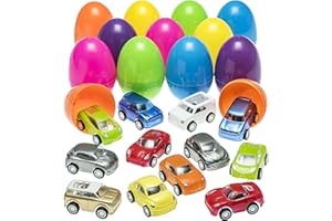 PREXTEX 12-Pack Stuffed Easter Eggs Toy with Mini Pull-Back Toy Car Inside - Easter Basket Stuffers and Fillers - Plastic Toy Gifts and Presents for Girls, Boys, Kids, Toddlers
