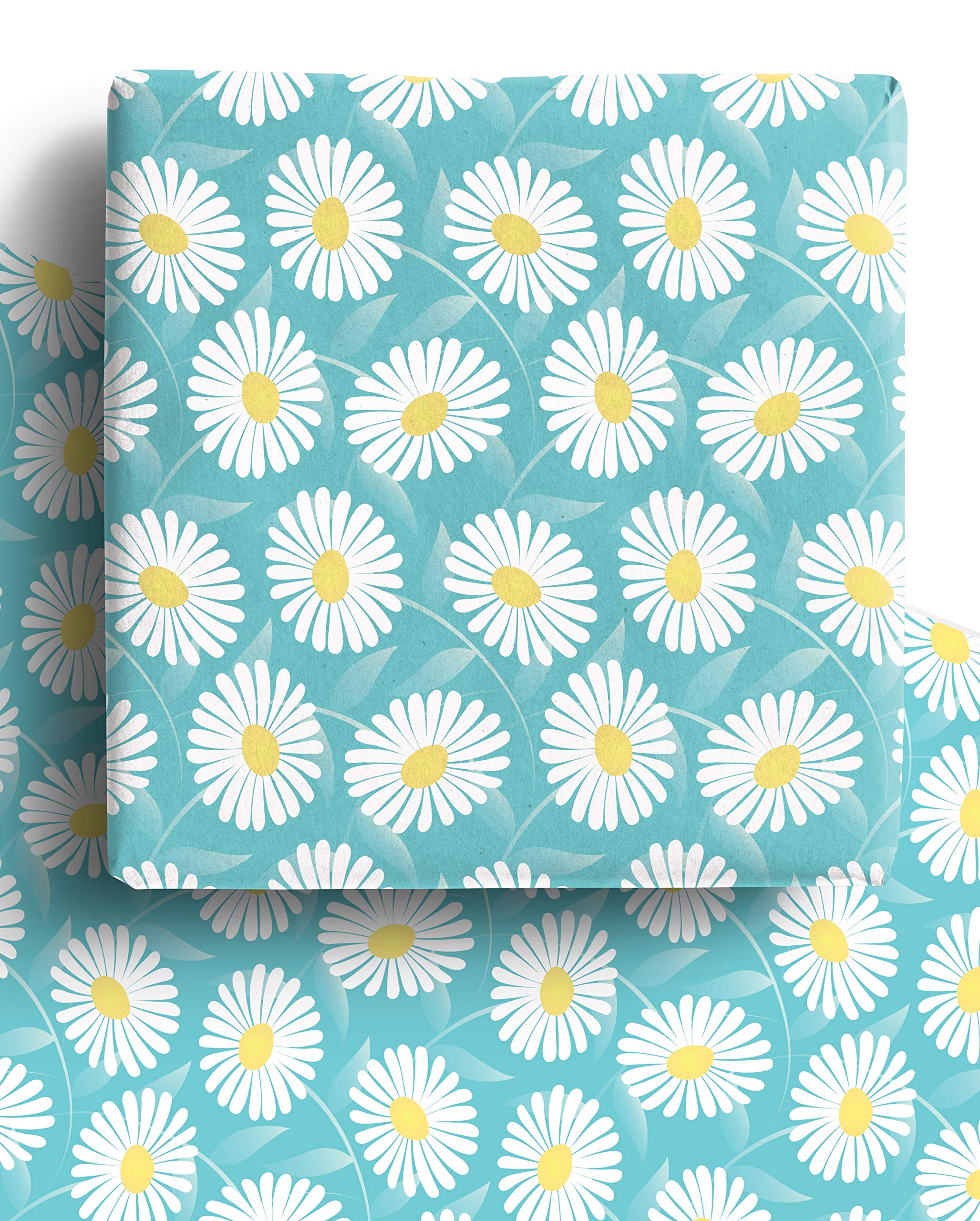 Daisy Flower Wrapping Paper Sheets - 4 x Premium Recyclable Floral Gift Wrap for Mothers Day, Easter, Baby Christenings and more.