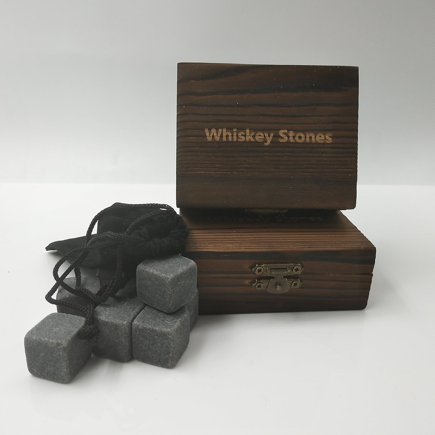 Grey Whisky Chilling Stone-Granite Beverage Rocks-Set of 9 in Wooden Gift Box