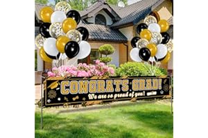Tiamon 36 Pieces Class of 2025 Graduation Party Decorations Banner, Large Congrats Grad Banner with 35 Pieces Balloons 2025 Yard Signs for High School College Graduation Party Supplies(Black Gold)