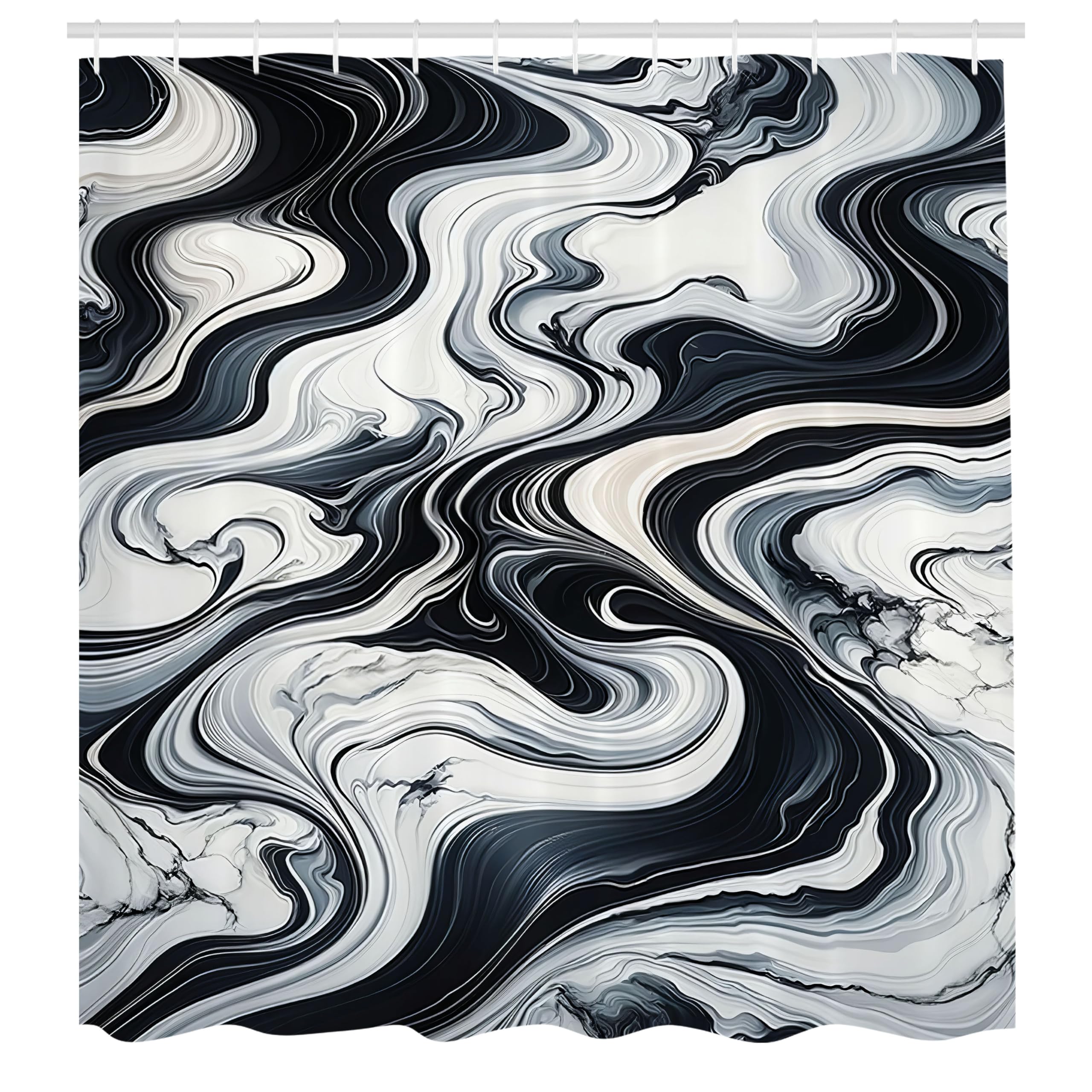 ABAKUHAUS Black and White Shower Curtain, Wavy Marble Print, Cloth Fabric Bathroom Decor Set with Hooks, 175 x 200 cm, Dark Blue Grey White