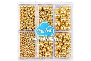 PURBOT Gold Pearl Sprinkles for Cake Decorating, 4 Sizes Sugar 130g/4.6oz, Cupcake, Ice Cream, Donuts, Macaron Toppings Supplies (2mm, 4mm, 7mm, 1cm)