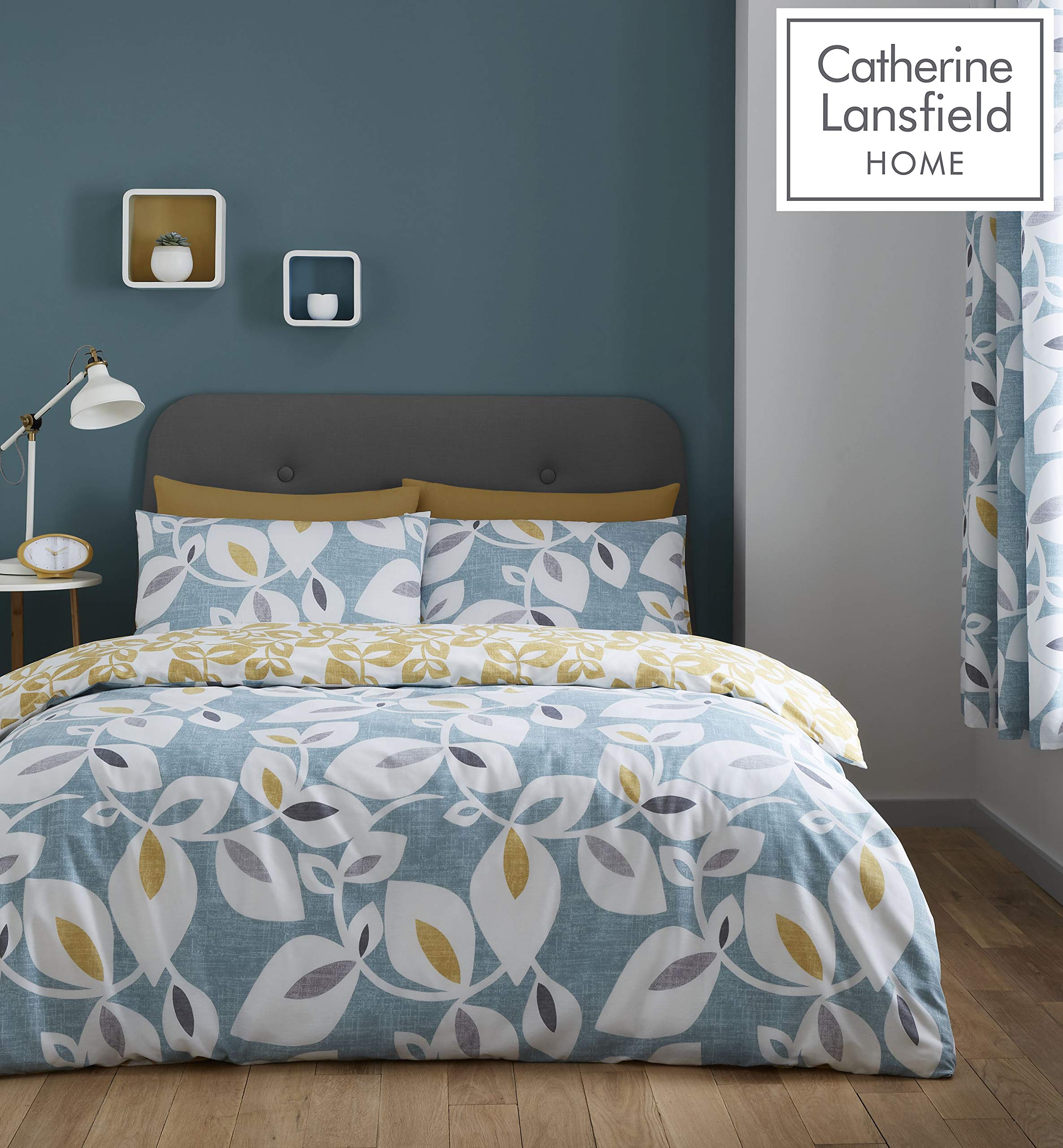 Catherine Lansfield Inga Leaf Reversible Double Duvet Cover Set with Pillowcases Teal Green