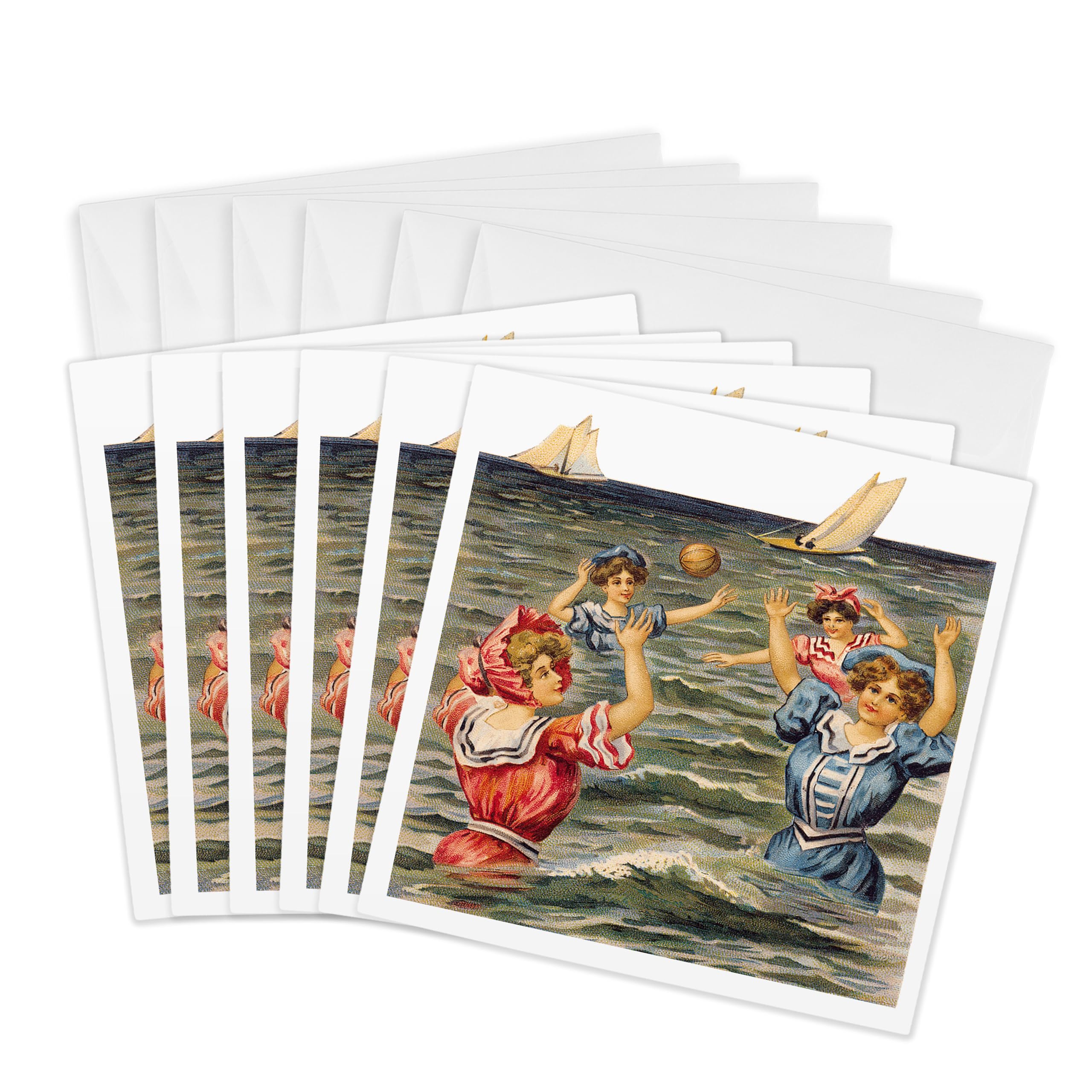 3dRose gc_170829_1 6 x 6-Inch Women in Victorian Bathing Suits Playing Ball in the Ocean Greeting Card (Pack of 6)
