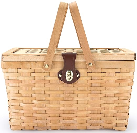 Picnic Basket | Wood Chip Design | Red and White Gingham Pattern Lining | Strong Wooden Folding Handles | Features a Leather Strap Metal Lock for Safety | Natural Eco Friendly Woven Woodchip Basket