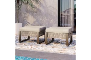 MeetLeisure Patio Metal Wicker Ottoman Set of 2, Outdoor PE Rattan Footstools with Removable Cushions & Wood Looking Metal Steel Framed Legs for Garden Backyard Porch Deck, Beige