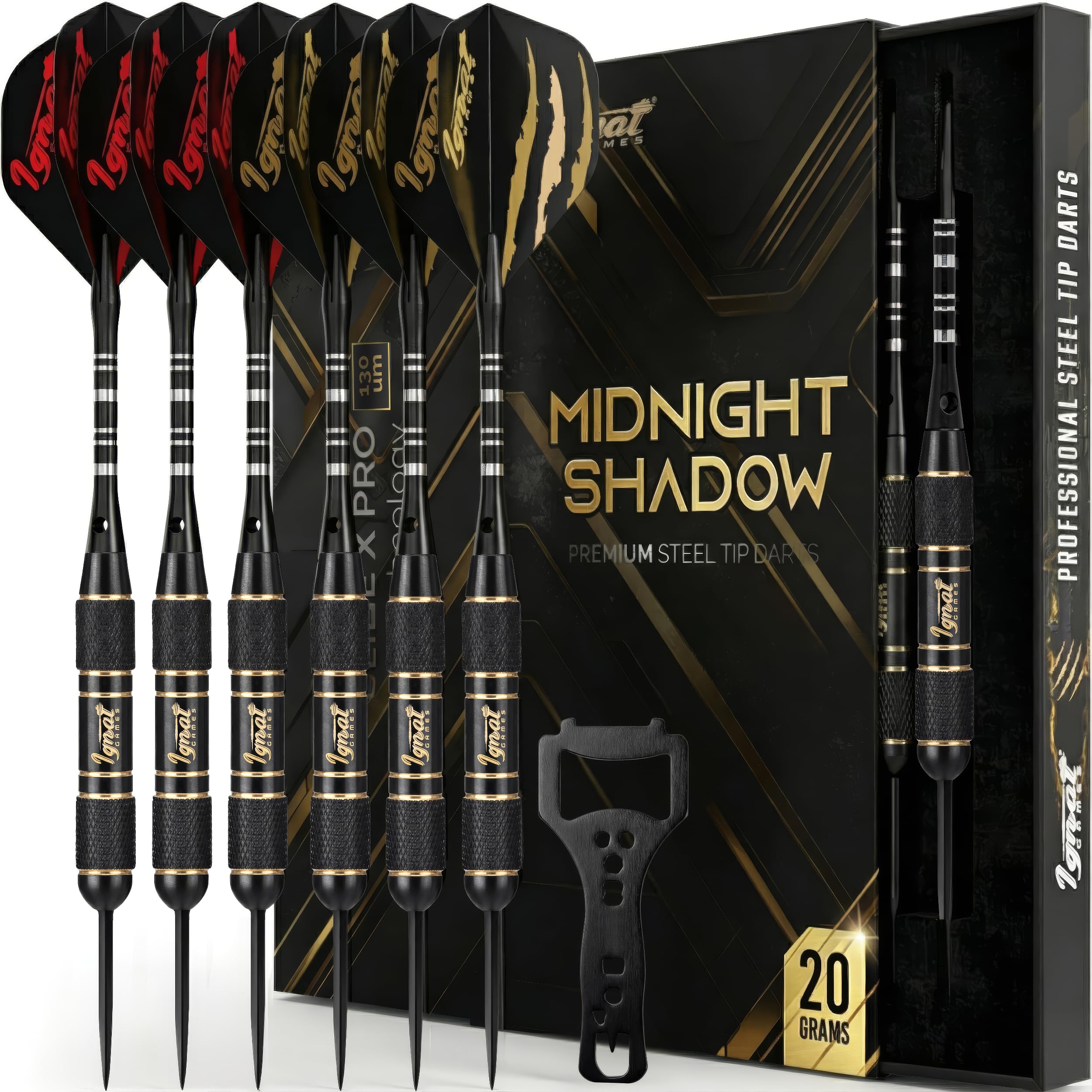 IgnatGames Steel Tip Darts Set - Professional Darts with Aluminum Shafts, Rubber O'Rings, and Extra Flights + Dart Sharpener + Innovative Case + Darts Guide
