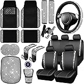 CAR PASS 23 PCS Bling Diamond Car Accessories Set for Women, Leather Seat Covers Full Set Sparkly Rhinestone15'' Steering Wheel Covers Shining Car Floor Mats Cute Aotumotive Interior Sets, Silver
