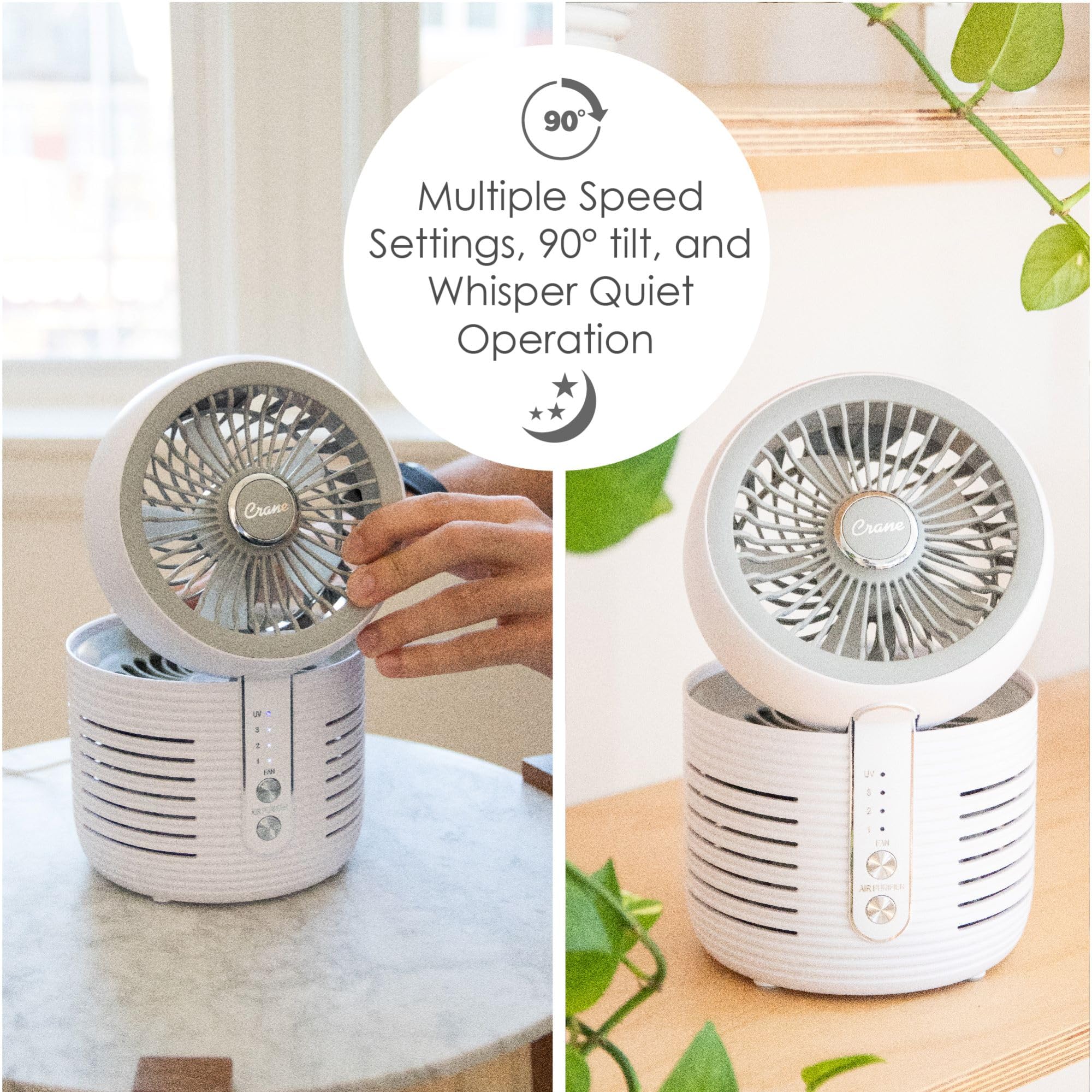 Crane 2-in-1 Air Purifier and Desk Fan Combo - Ideal for Office, Night Stand, Dorm, or Small Bedroom - HEPA Filter