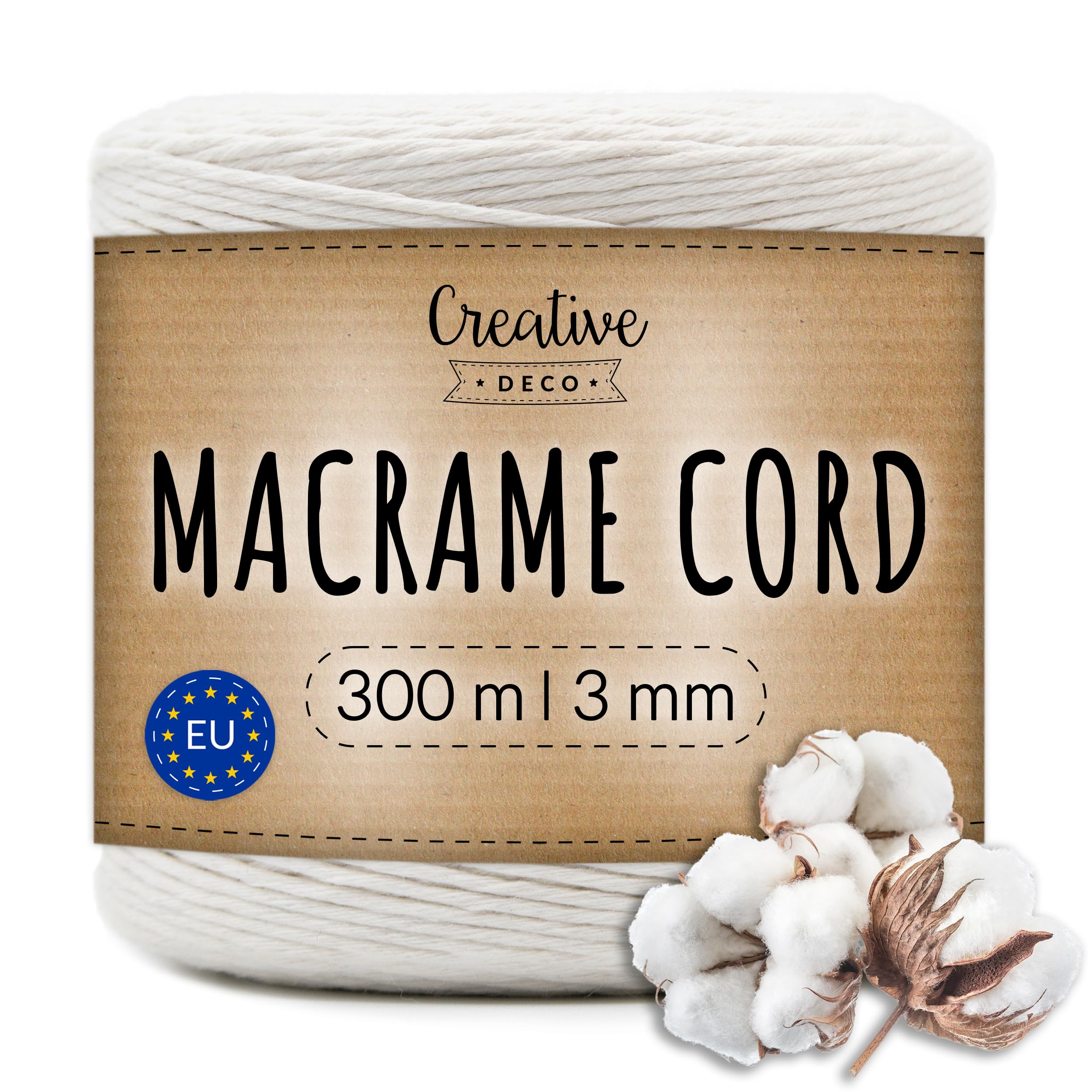 Creative Deco 985 Feet White Macrame Cord | 300m | 3mm Thick | Cotton Rope 15 Ply String Yarn Twine Elastic Cord | for Easter, Art and Craft, DIY, Knitting, Gift Wrapping, Wall, Plant Hanger | Strong
