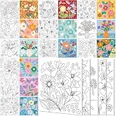 Teling 12 Pcs Pre Drawn Stretched Canvas Kit for Adults Painting Pre Printed Canvas Outline for DIY Painting Party Favor,6 x 6 x 0.6 Inches(Flower)