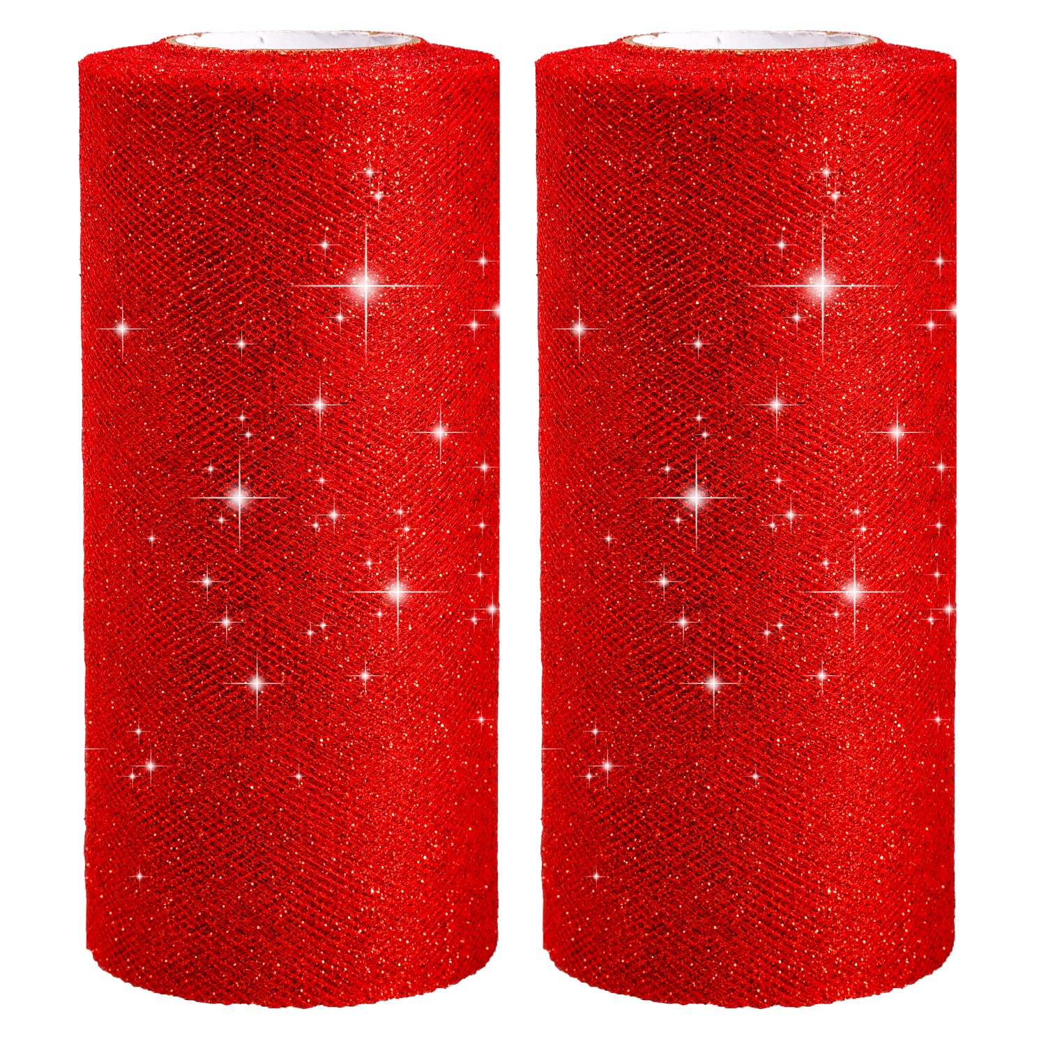 Lezevn Jomnvo 2 Rolls 50 Yards 6" Wide Sparkling Tulle Roll Glitter Tulle Fabric Ribbon Roll Tulle Spool for Bow Making Tutu Skirt Wedding Christmas Tree Decoration, Red