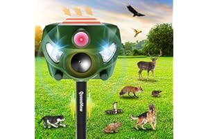 Solar Powered Animal Deterent, Ultrasonic Animals Control Device with Motion Sensor and FIashing Light, Waterproof Outdoor An