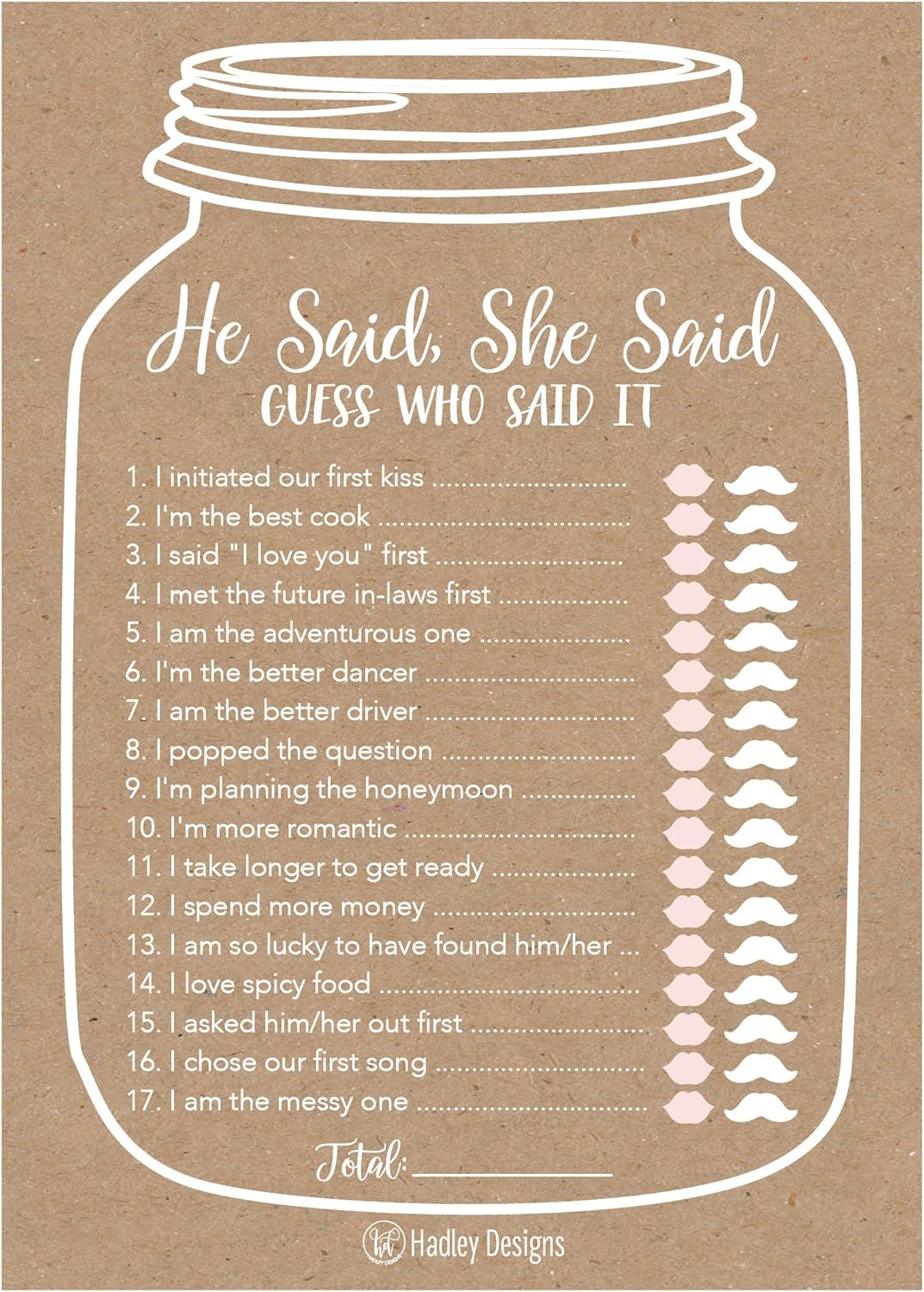25 Rustic Wedding Bridal Shower Engagement Bachelorette Anniversary Party Game Ideas, He Said She Said Cards For Couples, Funny Co Ed Trivia Rehearsal Dinner Guessing Question Fun Kids Supplies Kit
