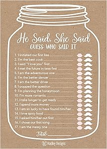 25 Rustic Wedding Bridal Shower Engagement Bachelorette Anniversary Party Game Ideas, He Said She Said Cards For Couples, Funny Co Ed Trivia Rehearsal Dinner Guessing Question Fun Kids Supplies Kit