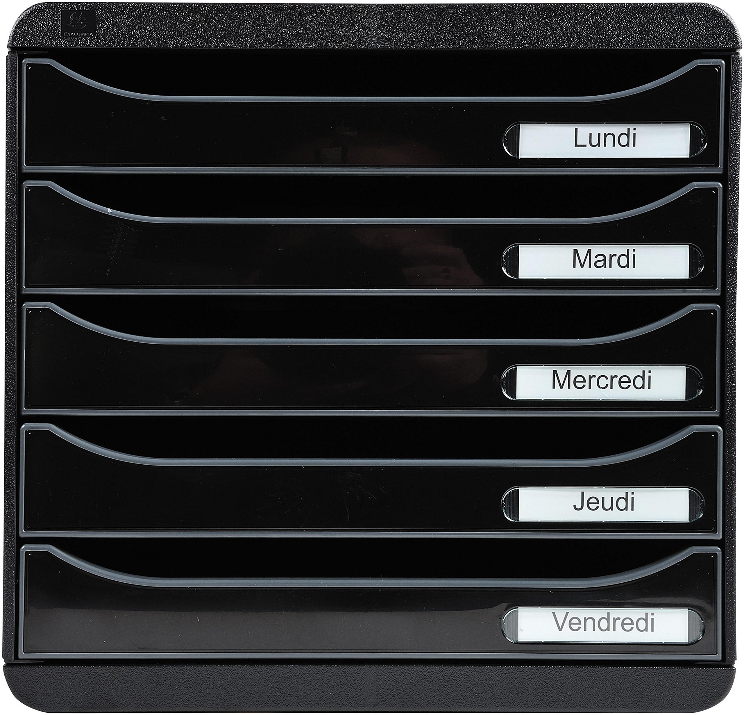 Exacompta - Ref 3097214D - BIG-BOX PLUS Desktop Drawer Set - 5 x 43mm Drawers, Suitable for A4+ Documents, 347 x 278 x 271mm, 100% Recycled Plastic - Black/Glossy Black