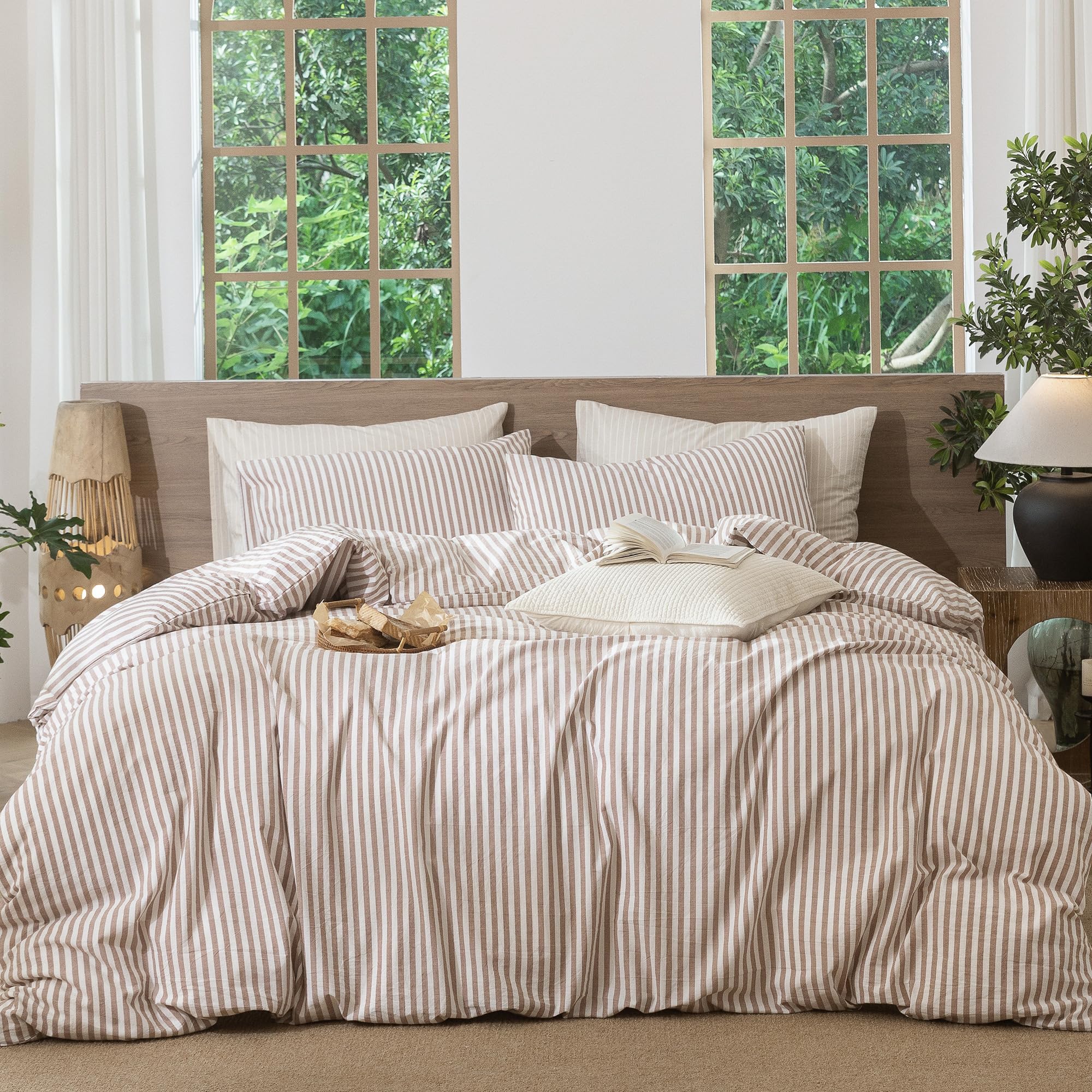 Photo 1 of MooMee Striped Duvet Cover Set 100% Washed Cotton Linen Like Textured Breathable Durable Soft Comfy (Orange Classic Stripes, Queen 90"x90")