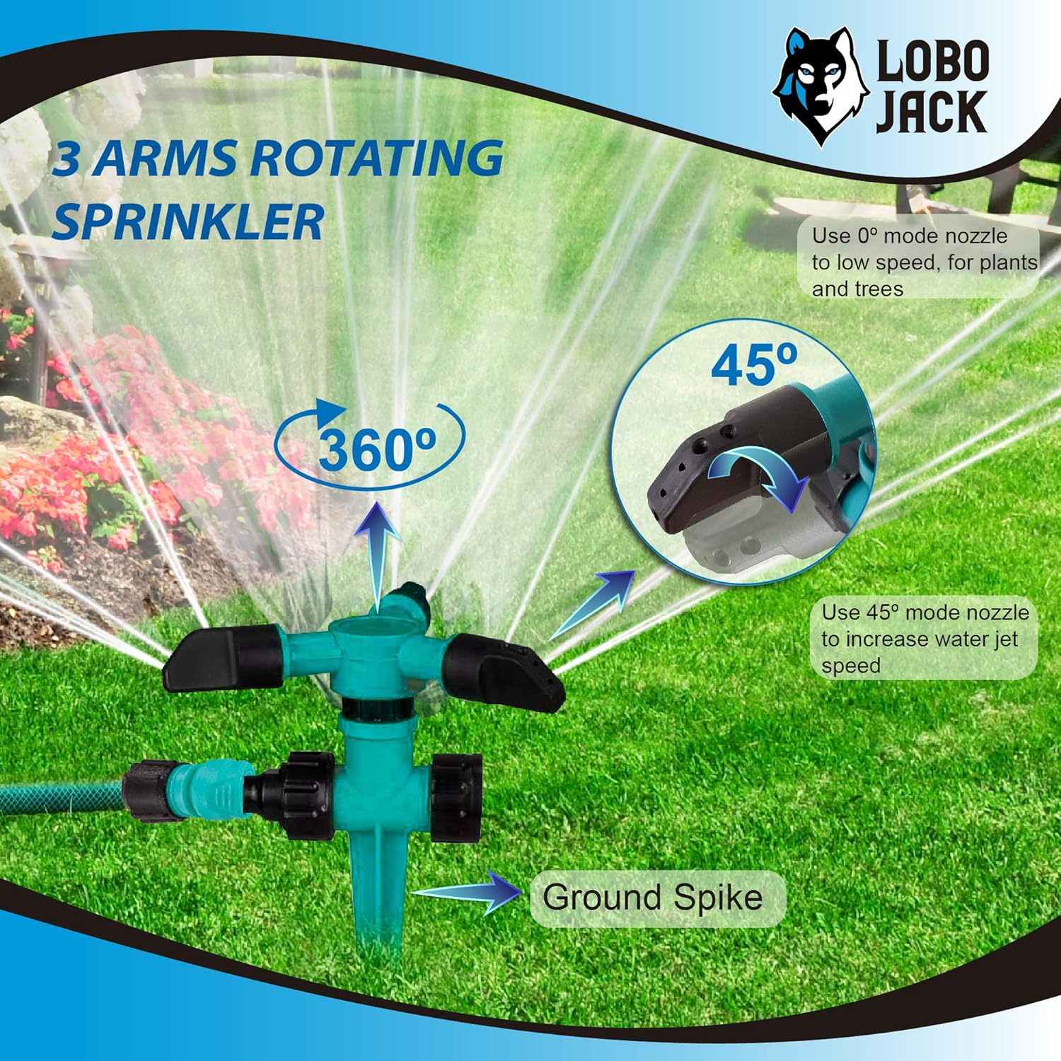 LoboJack 3 Arms Sprinkler for Lawn Garden Watering, 360 Degree Automatically Rotating, Up to 32 ft. of Irrigation : Garden & Outdoor