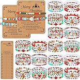 Huquary 100 Pcs Christmas Bracelets Bulk with 50 Pcs Kraft Greeting Cards for Women Polymer Clay Beaded Bracelets Friendship Adjustable Stretch Jewelry for Xmas Party Favor Holiday Gift
