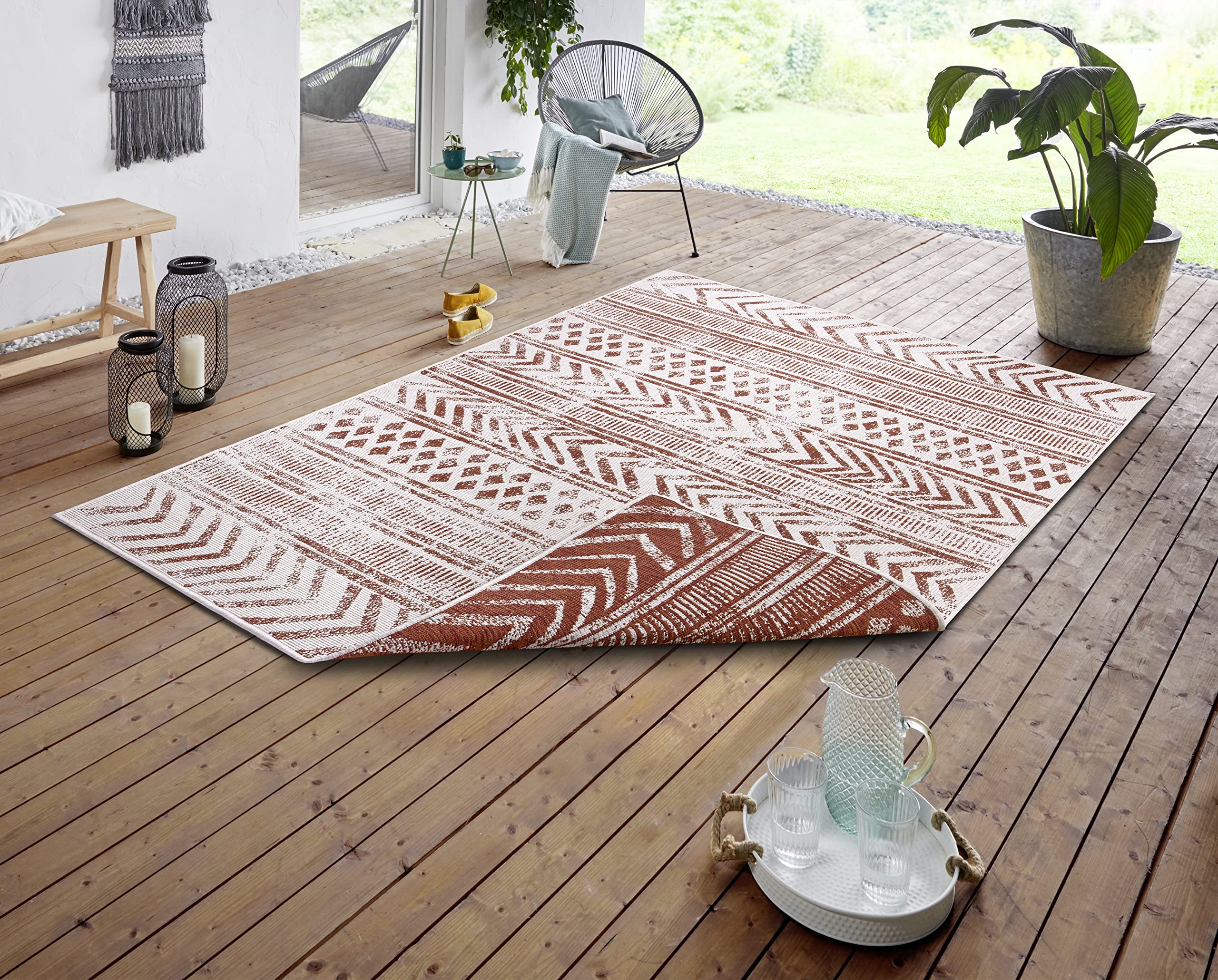 NORTHRUGS Biri Indoor and Outdoor Rug 80 x 150 cm Reversible Rug Weatherproof Boho Style Vintage Design Rug for Balcony Patio Garden Conservatory Living Room Waterproof