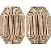 MhyTogn Natural Rattan Wall Sconce Set of 2, with Boho Woven Wicker Shade Antique Brass Brush Paint Finish for Vanity Stairwa
