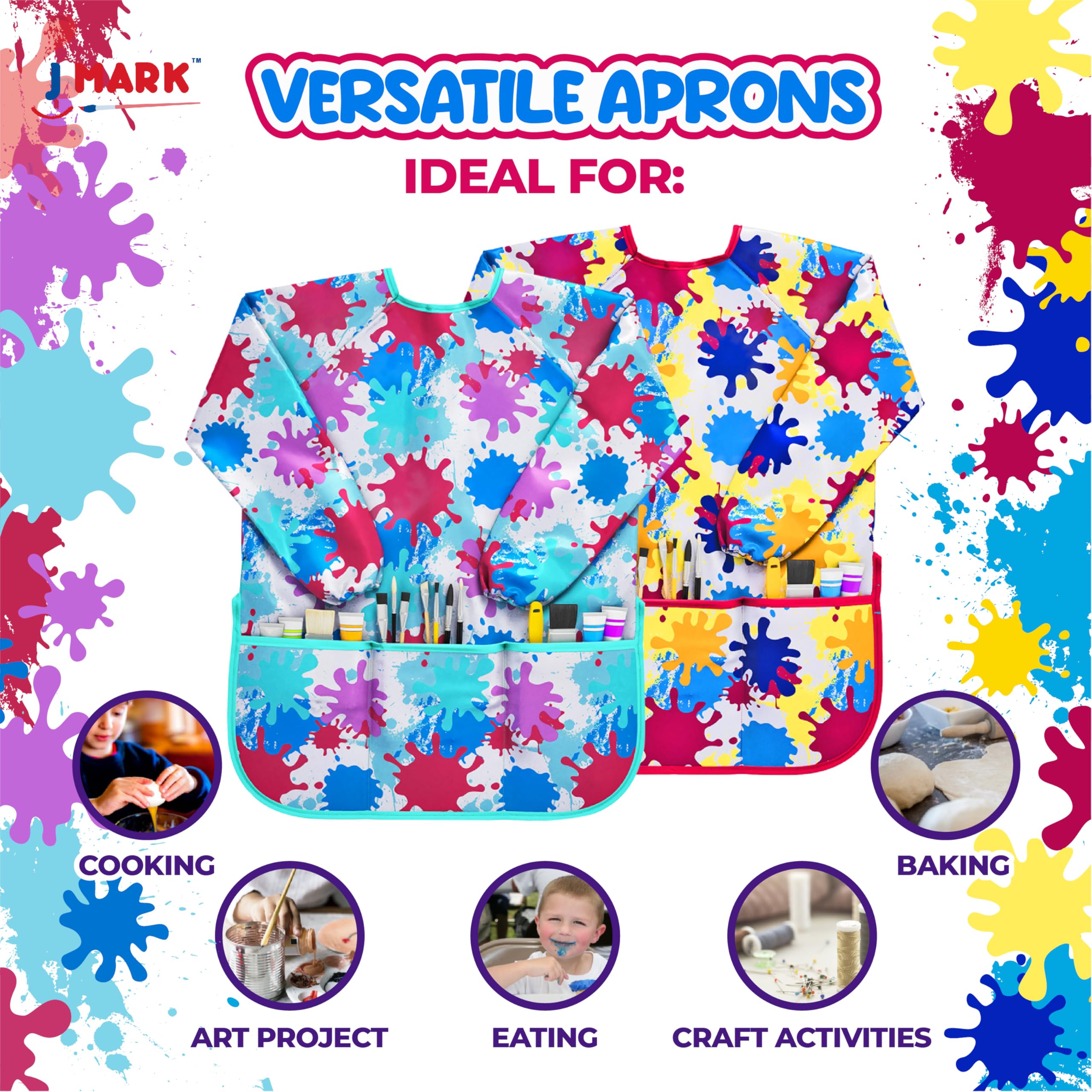 J MARK Waterproof Art Smock Painting Apron- 2 Pack Long Sleeve for Arts & Crafts