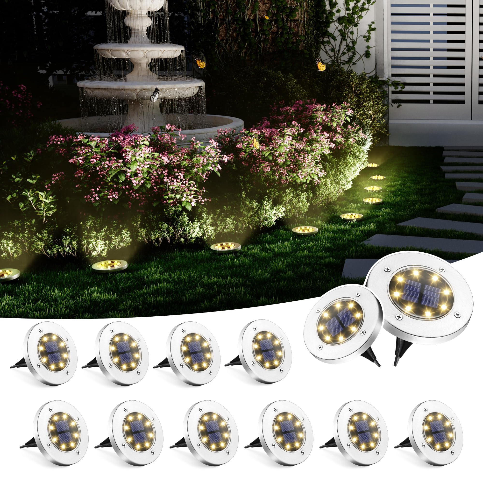 Photo 1 of SOLPEX Solar Ground Lights, 12 Pack Solar Lights Outdoor Waterproof, 8 LED Solar Powered Landscape Lighting for Garden Yard Patio Driveway Pathway Walkway (Warm White)