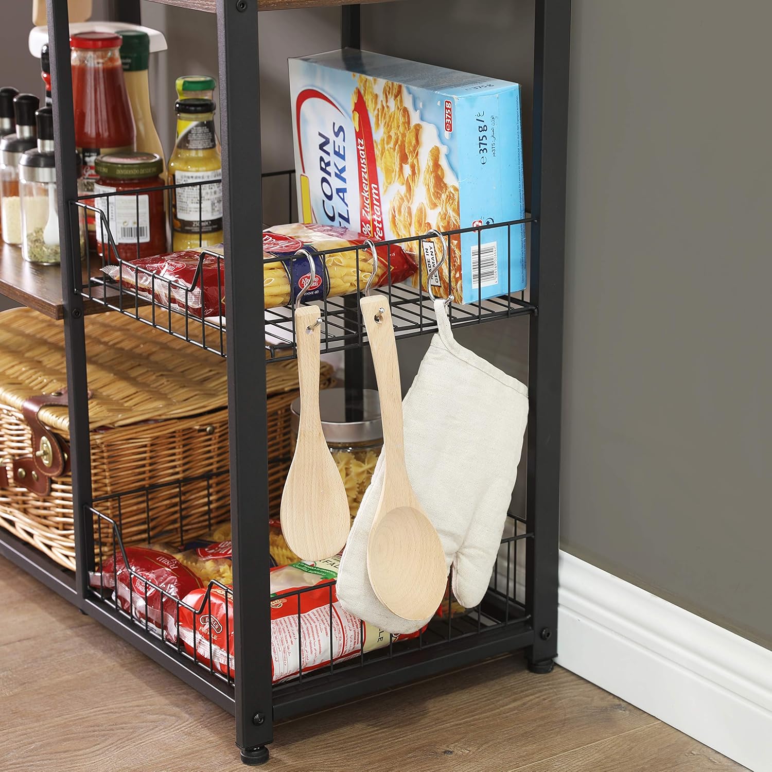 VASAGLE ALINRU Kitchen Baker’s Rack, Industrial Kitchen Shelf with 2 Mesh Baskets and 6 Hooks, Microwave Oven Stand, Rustic Brown UKKS96X - Standing Baker's Racks
