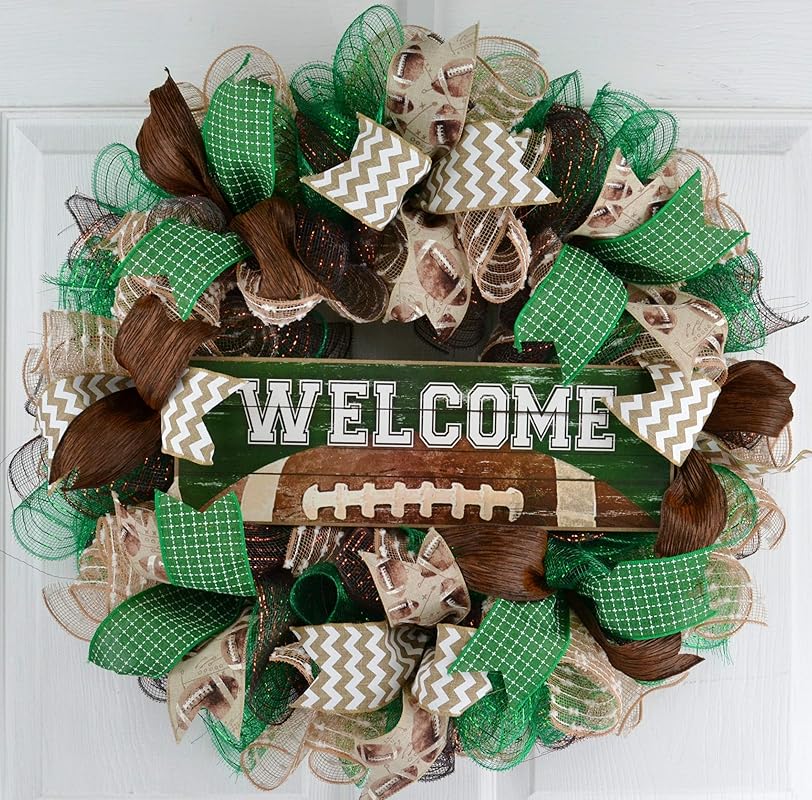Football Wreath Sports Mesh Outdoor Front Door Wreath Brown Green