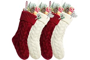 Kunyida Pack 4,18" Unique Burgundy and Ivory White Knit Christmas Stockings Style3