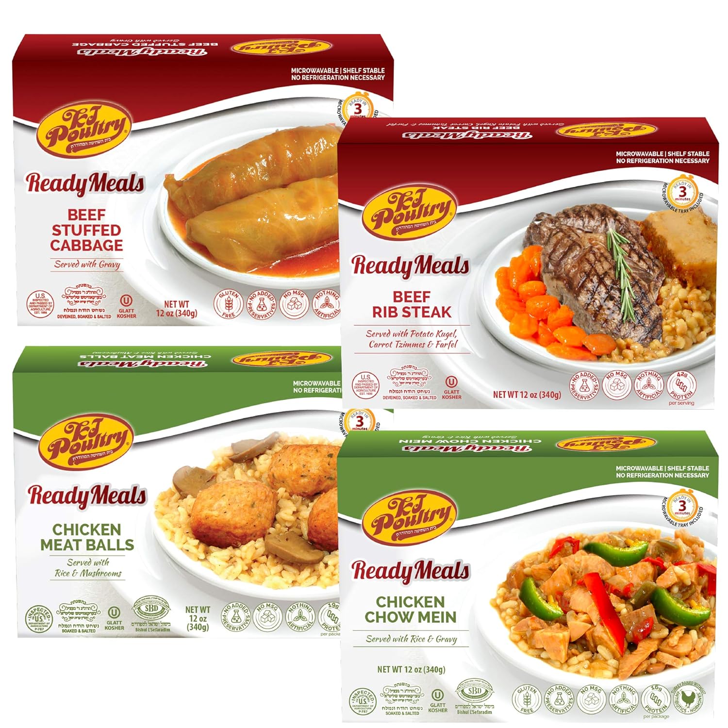 Kosher Mre Meat Meals Ready to Eat, Variety of Beef Rib Steak, Stuffed Cabbage Rolls, Chicken Chow Mein, Meat Balls (4 Pack Bundle) - Prepared Entree Fully Cooked, Shelf Stable Microwave Dinner