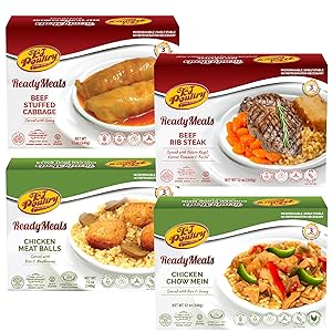 Kosher Mre Meat Meals Ready to Eat, Variety of Beef Rib Steak, Stuffed Cabbage Rolls, Chicken Chow Mein, Meat Balls (4 Pack Bundle) - Prepared Entree Fully Cooked, Shelf Stable Microwave Dinner