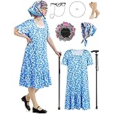 SOMSOC 7 Pieces Women Old Lady Costume with Dress Wig Headscarf Glasses Stockings Cane for Halloween, 100 Days of School
