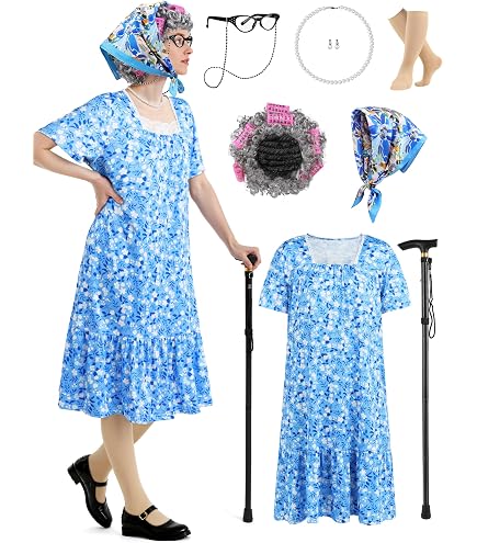 Old Lady Halloween Costume For Women ZeroShop Halloween Old Lady Costume For Women – 8-Piece Granny Dress Set With Accessories