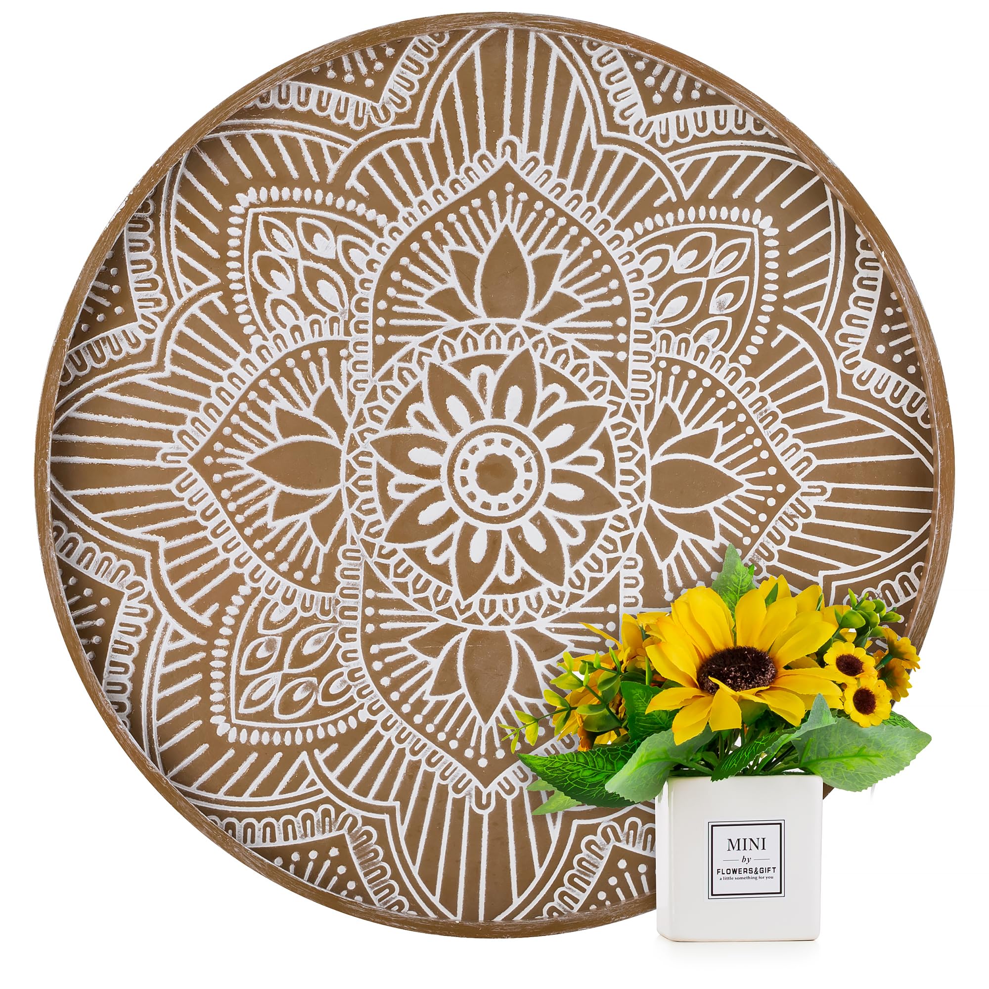 Hanobe Large Wood Decorative Tray: Boho Rustic Ottoman Tray Farmhouse Coffee Table Centerpiece Decor - Wooden Serving Round Floral Tray for Kitchen Counter Brown 45cm