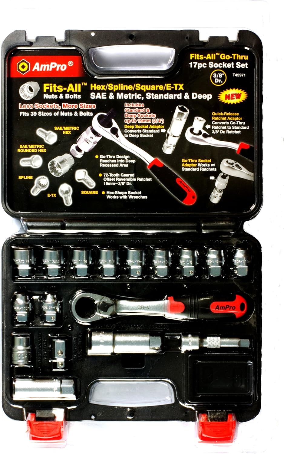 Ampro T45971 3/8Inch Drive FitsAll GoThru Socket Set SAE and Metric