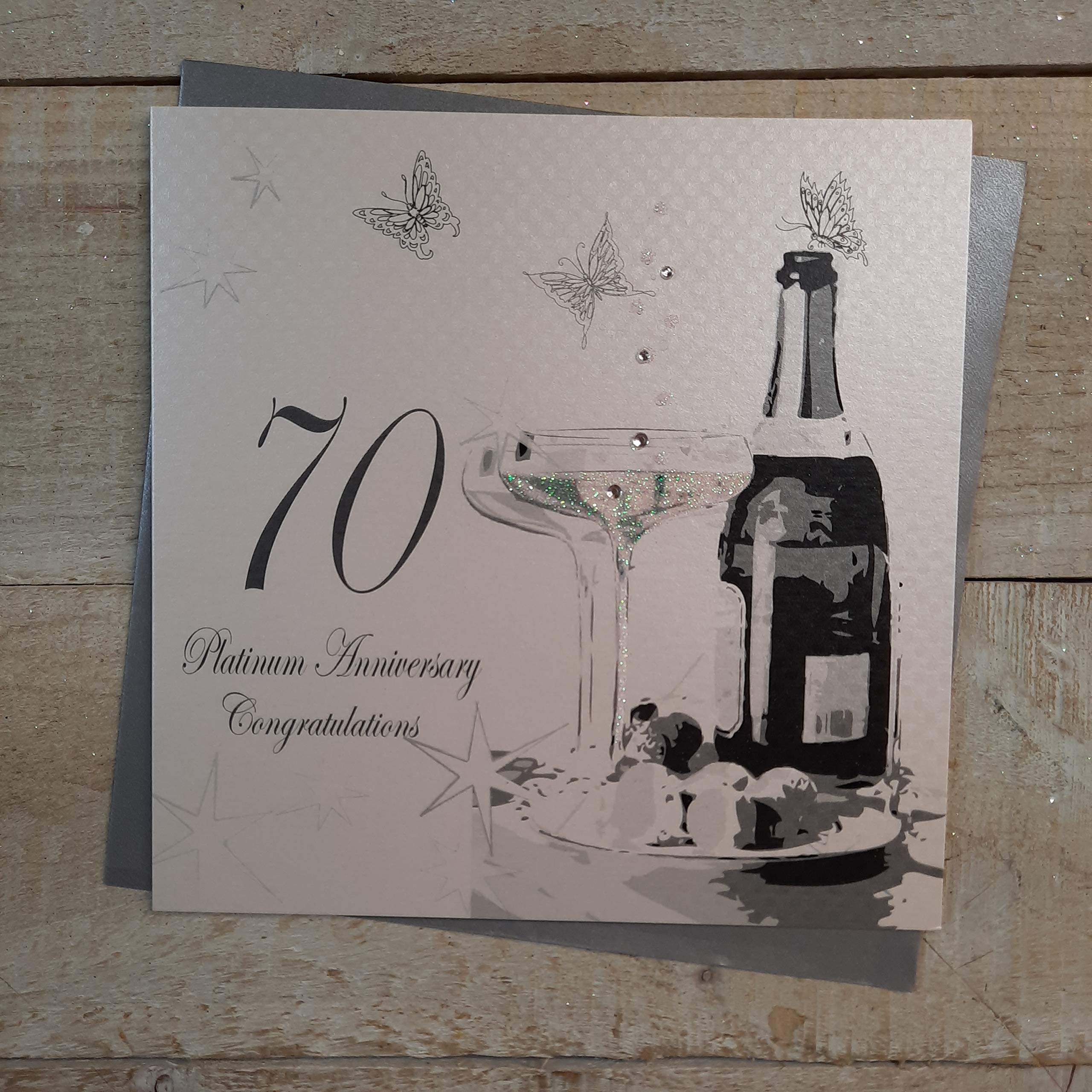 WHITE COTTON CARDS BD70C 70 Platinum Congratulations, Handmade 70th Anniversary Card (Champagne & Chocolates)