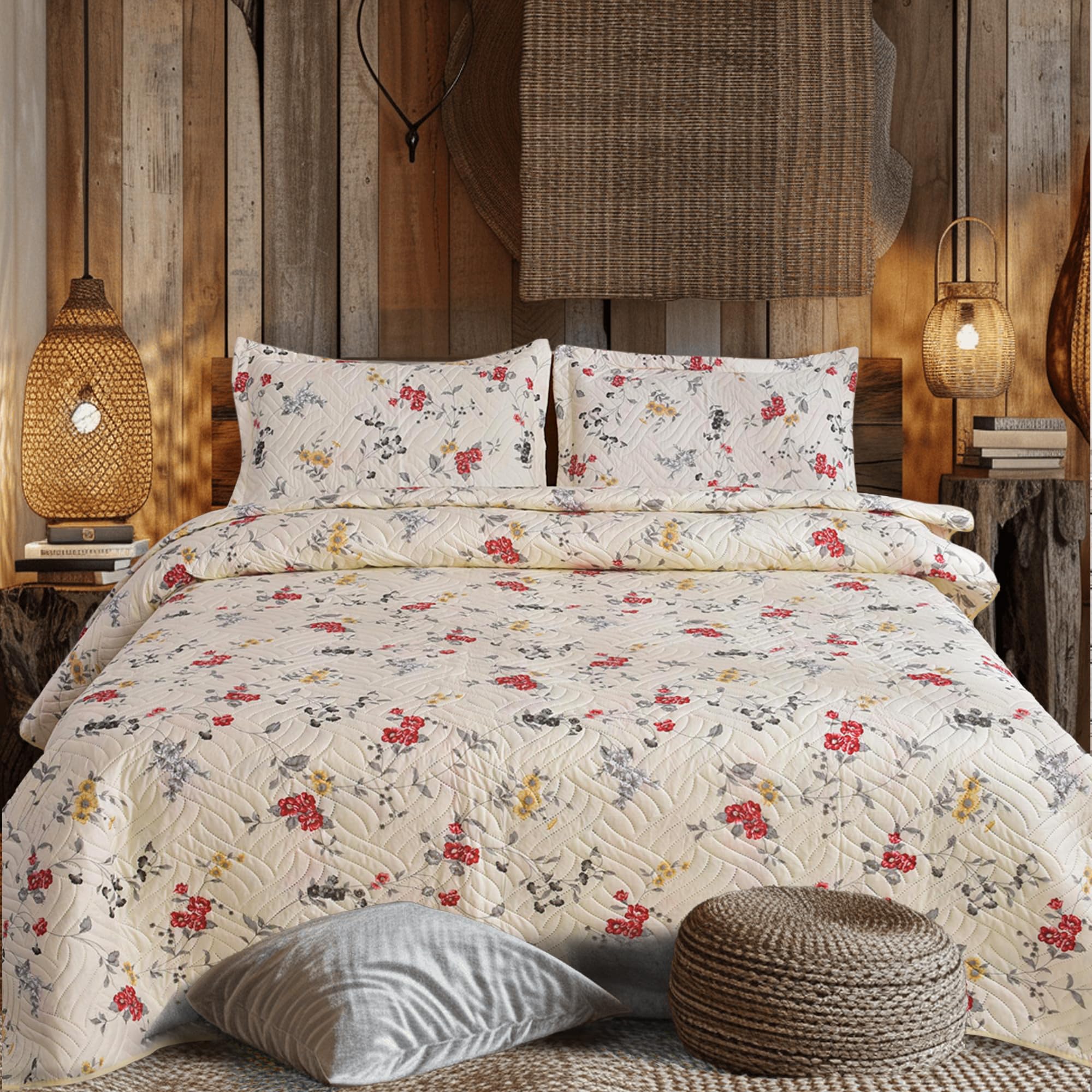 Hadi London 3Pcs Patchwork Quilted Bedspreads with 2 Shams | Reversible Floral Print | Lightweight Quilt Comfort | Fits Double and King Size Beds 220x240cm | 30 Unique Designs (MILAN-106)