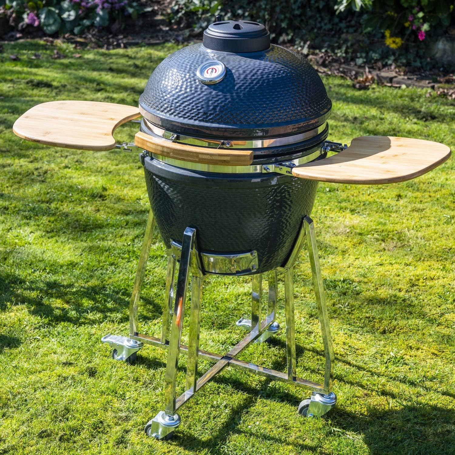 electriQ 18" Ceramic Kamado Grey Egg Grill BBQ with Wood Shelves