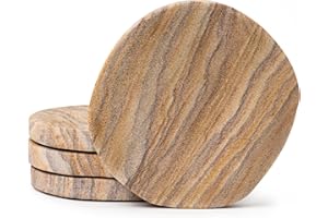 Cork & Mill Absorbent Coasters Set of 4 - Water Absorbing Sandstone Coasters for Drinks - Perfect for Coffee Table, Office Desk, Outdoor, Bedroom Nightstand - 4" Round - Unique Irregular Edge Design