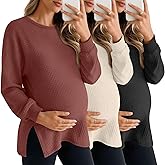 Sweetyweee 3 Pack Women's Maternity Shirts Long Sleeve Waffle Knit Side Split Oversized Tops Pregnancy Clothes Fall Tees